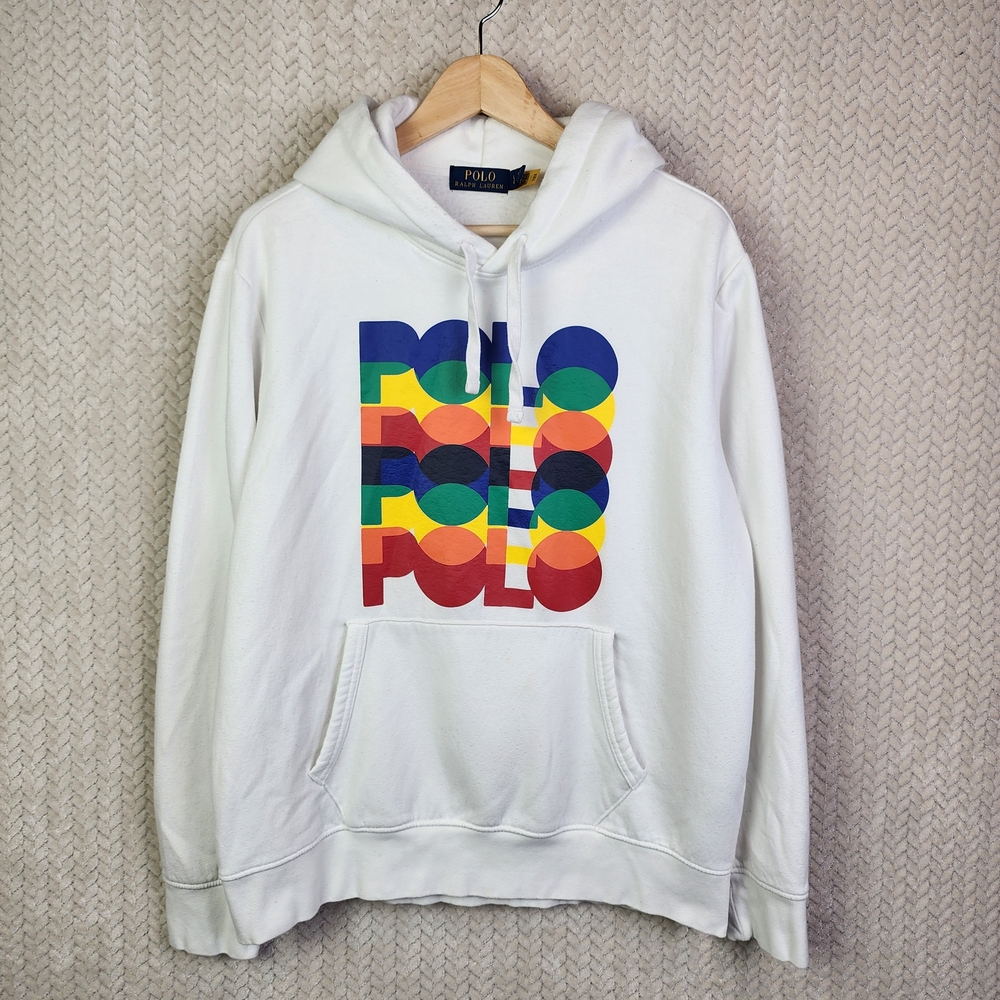 Polo Ralph Lauren White Hoodie With Multicolor Polo Graphic Fleece Mens L